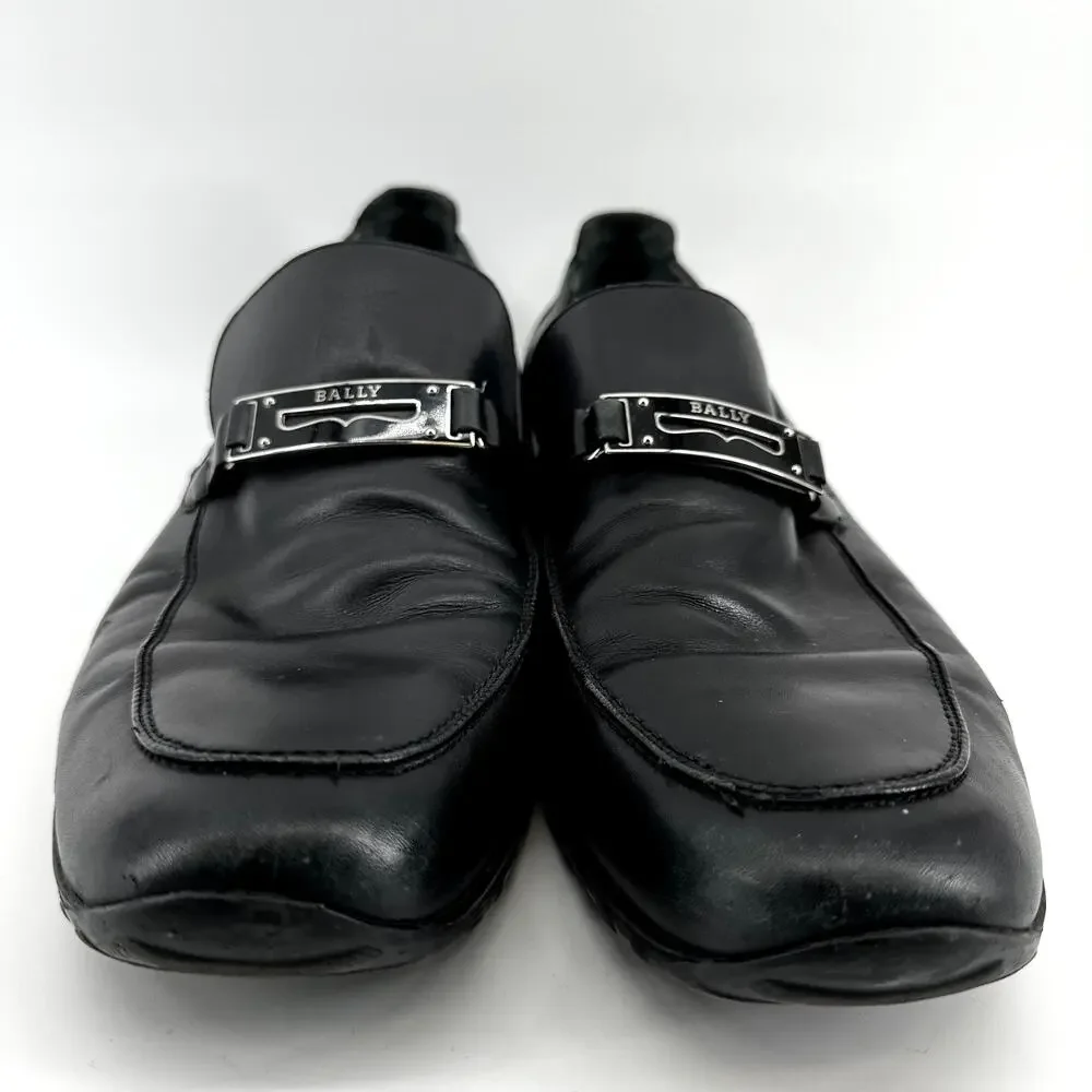 Bally Roquat Logo Plaque Loafers Slip On Almond Toe Classic Leather Black US 12